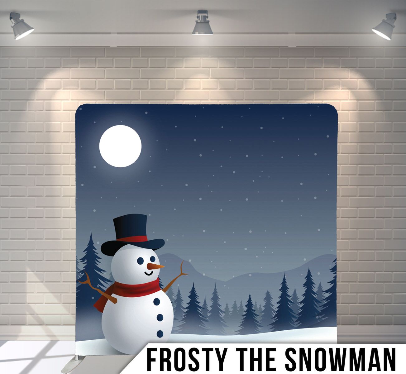 Illustration of a snowman with top hat against a moonlit winter forest landscape.