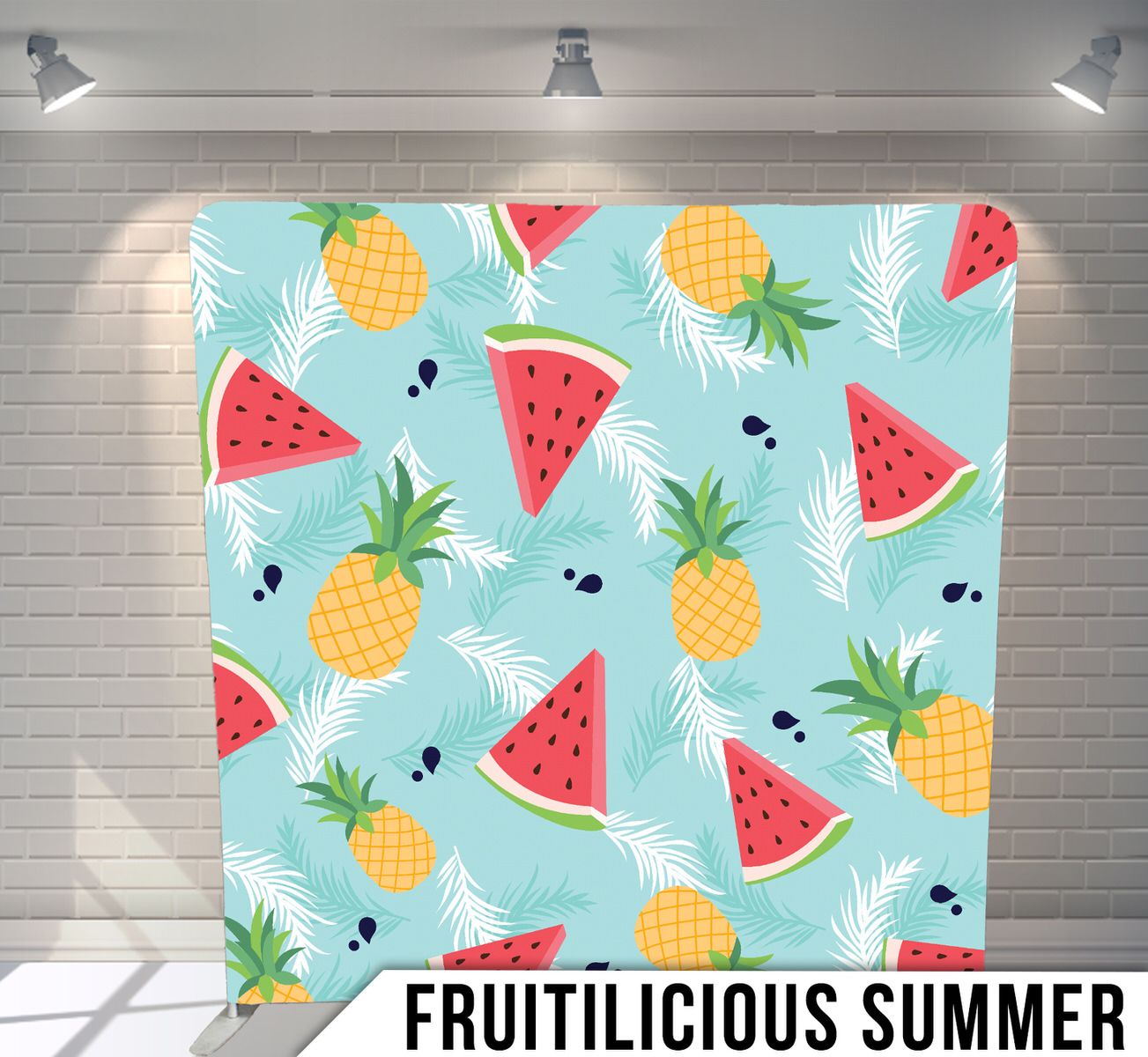 Summer pattern with watermelon slices and pineapples on light blue background.
