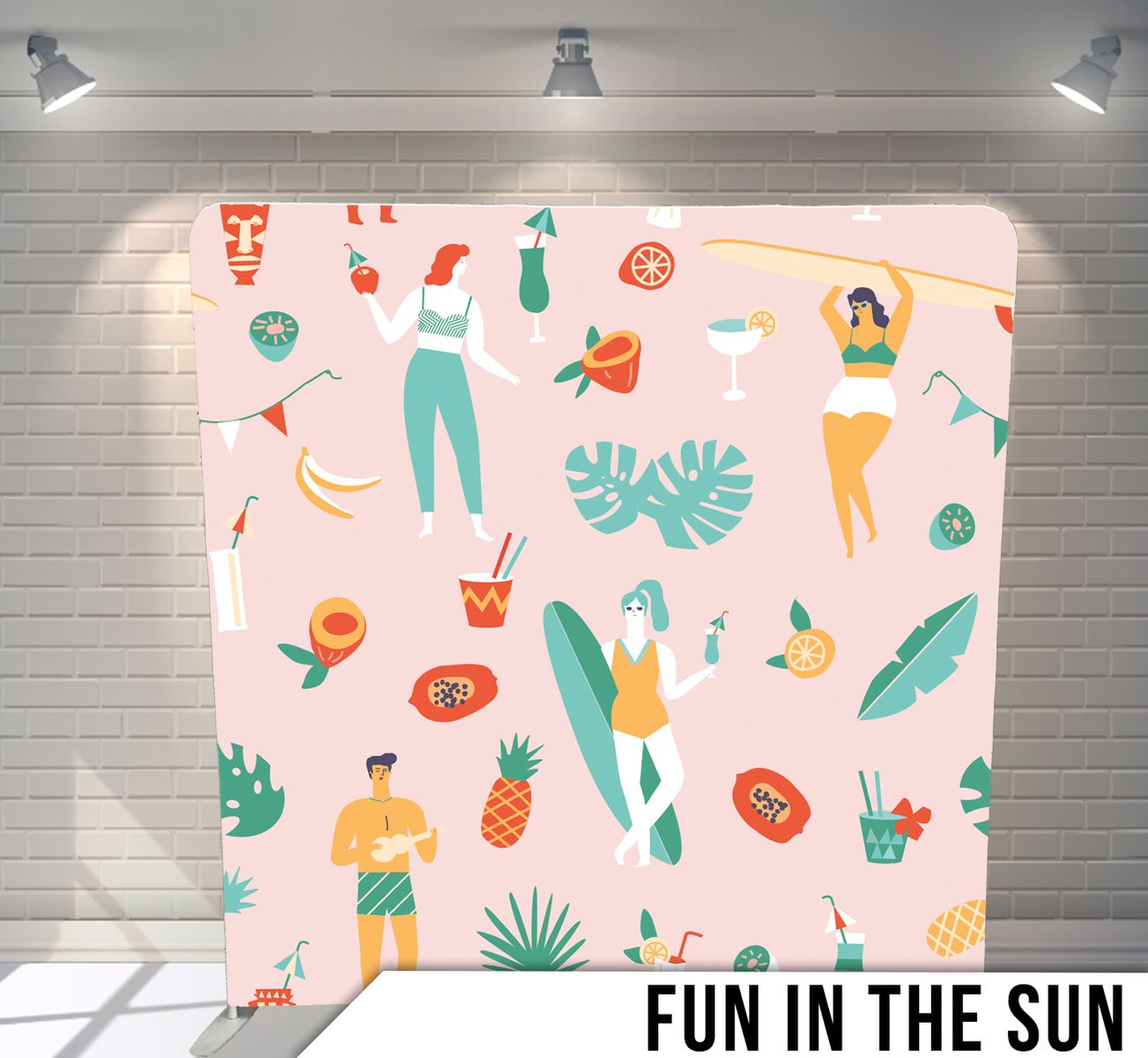 Tropical themed illustration with figures and fruits on pink background.