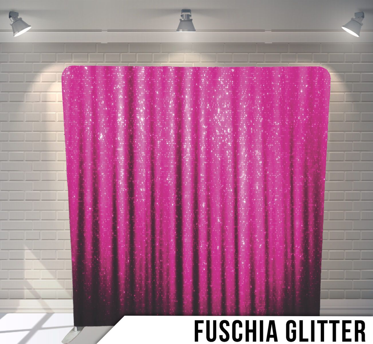 Bright pink glitter backdrop with vertical sparkly stripes creating a shimmering wall effect.