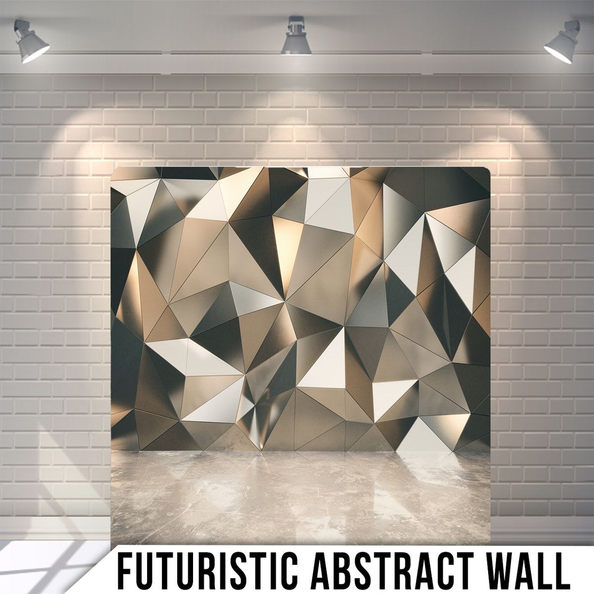 Modern geometric wall panel with metallic triangular facets creating a 3D angular abstract pattern.