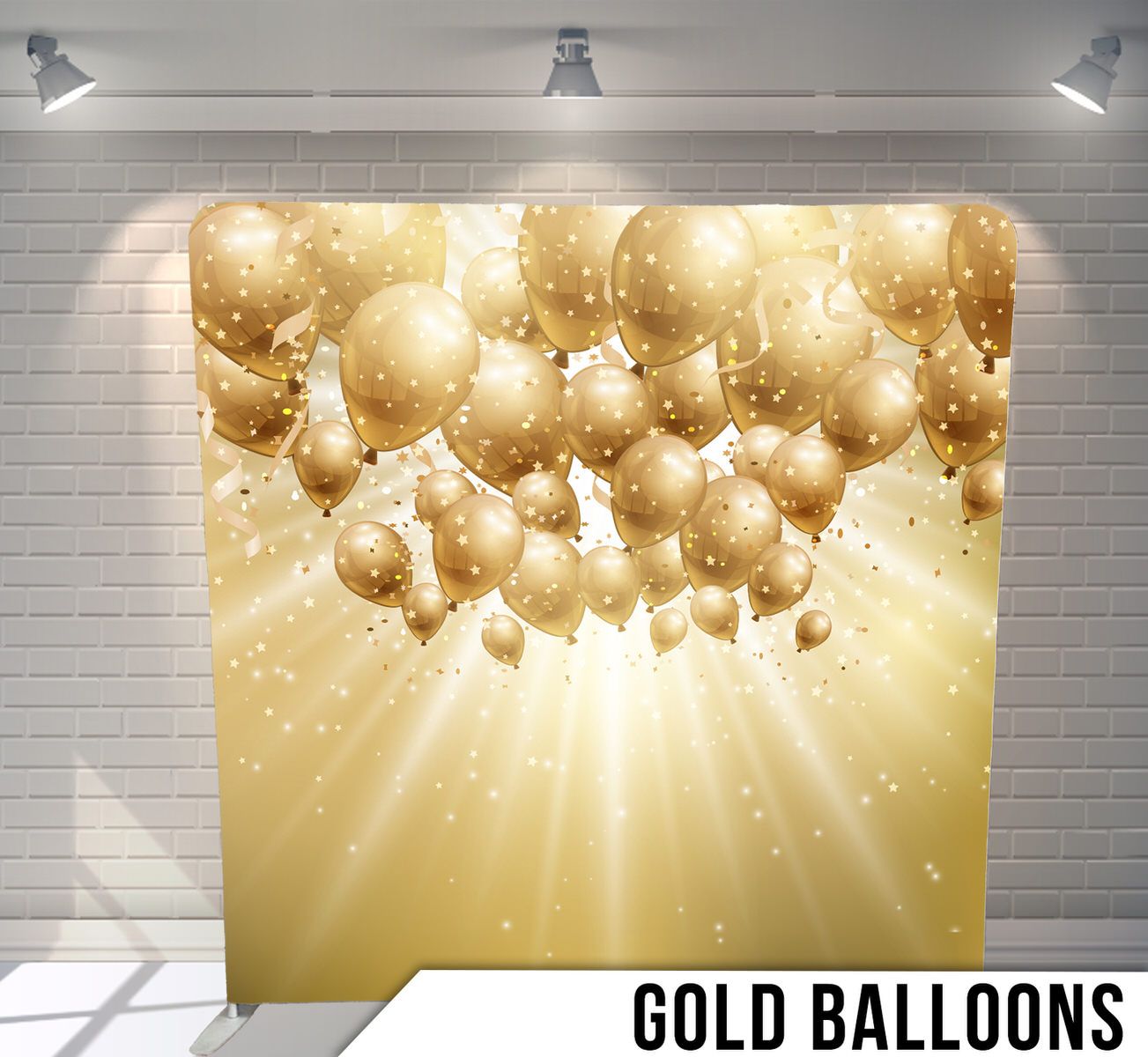 Elegant gold balloons and sparkles against a warm glowing background.