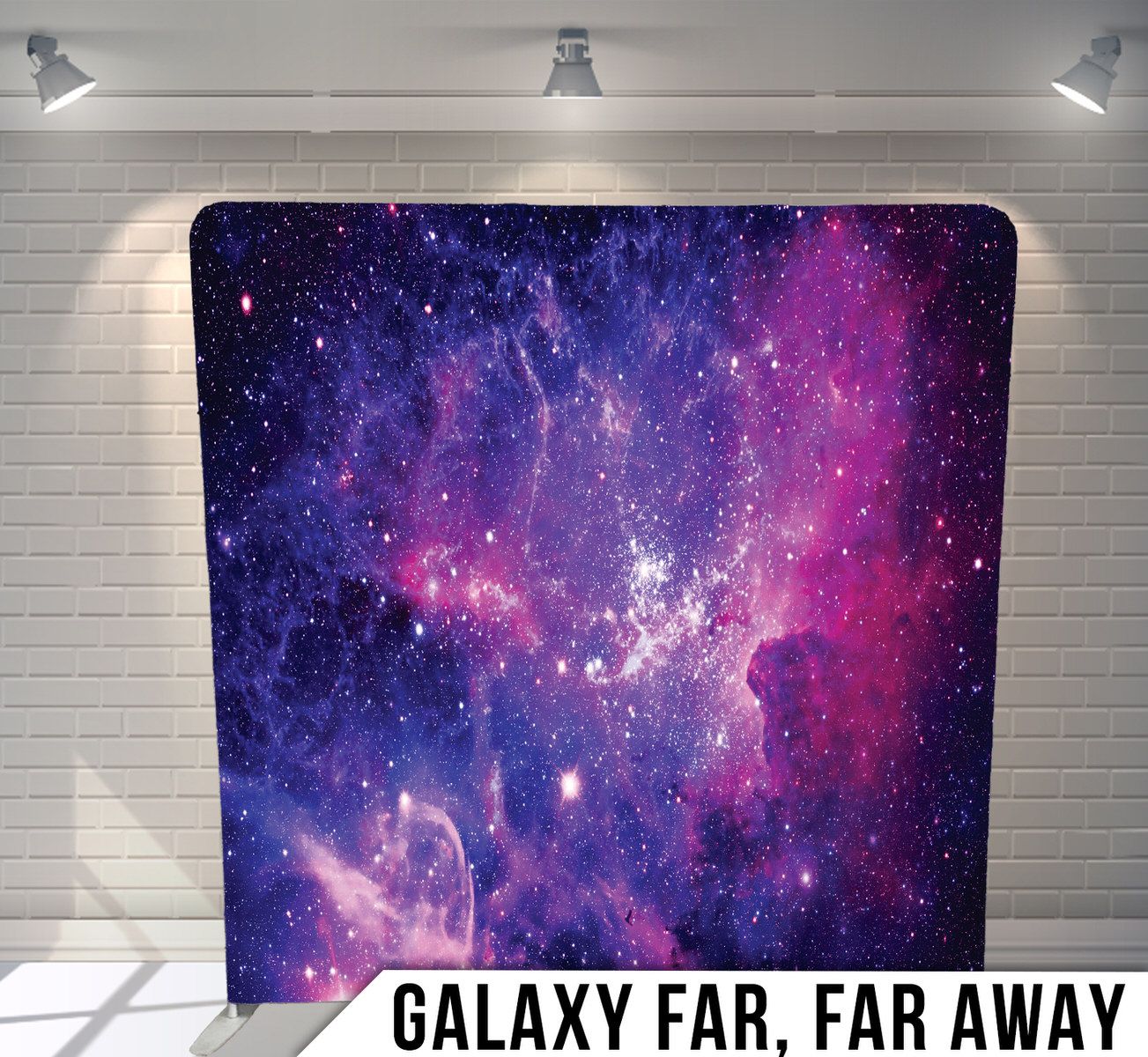 Cosmic backdrop featuring vibrant purple and pink nebula with twinkling stars in deep space.