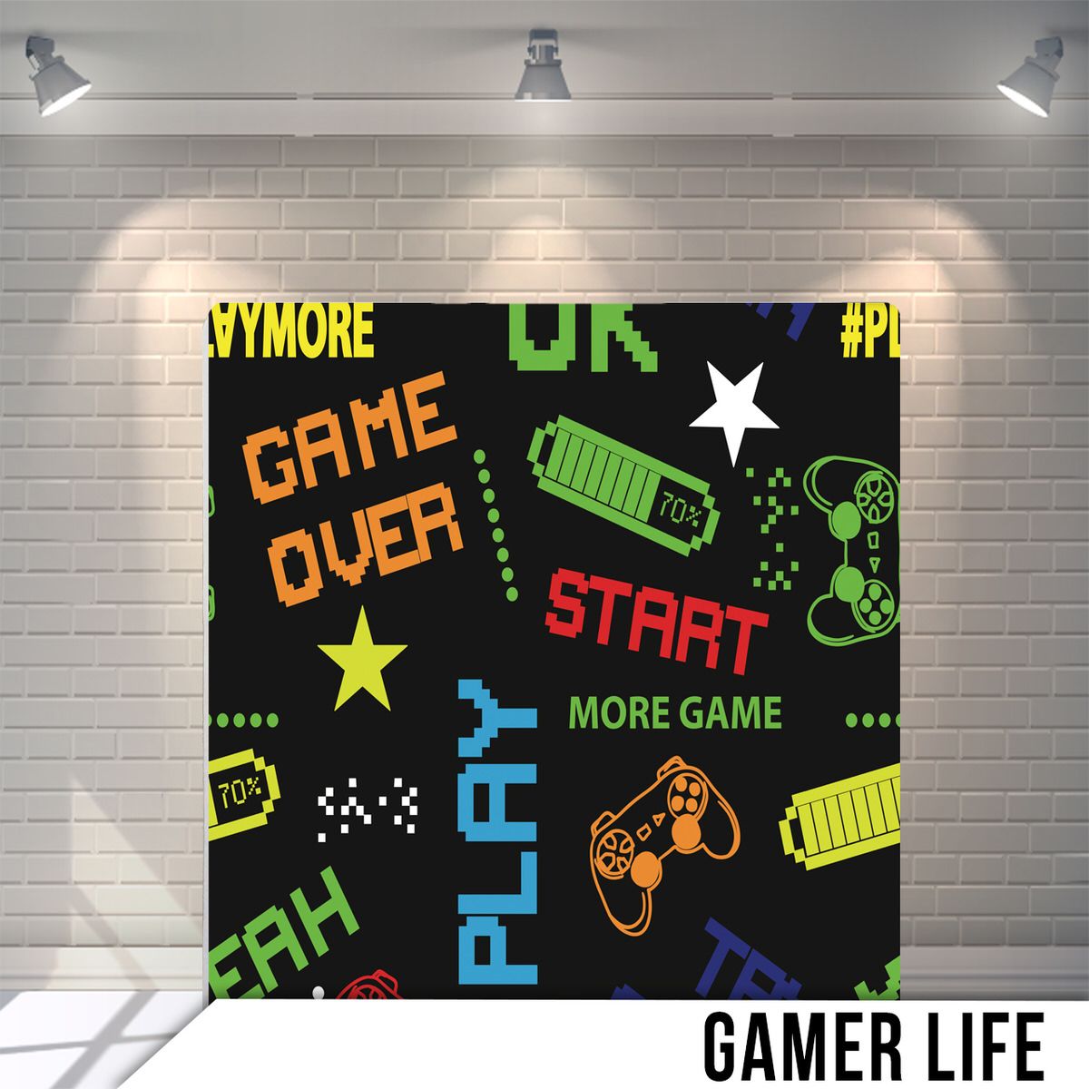 Retro gaming themed pattern with neon green text and controller icons on black background.