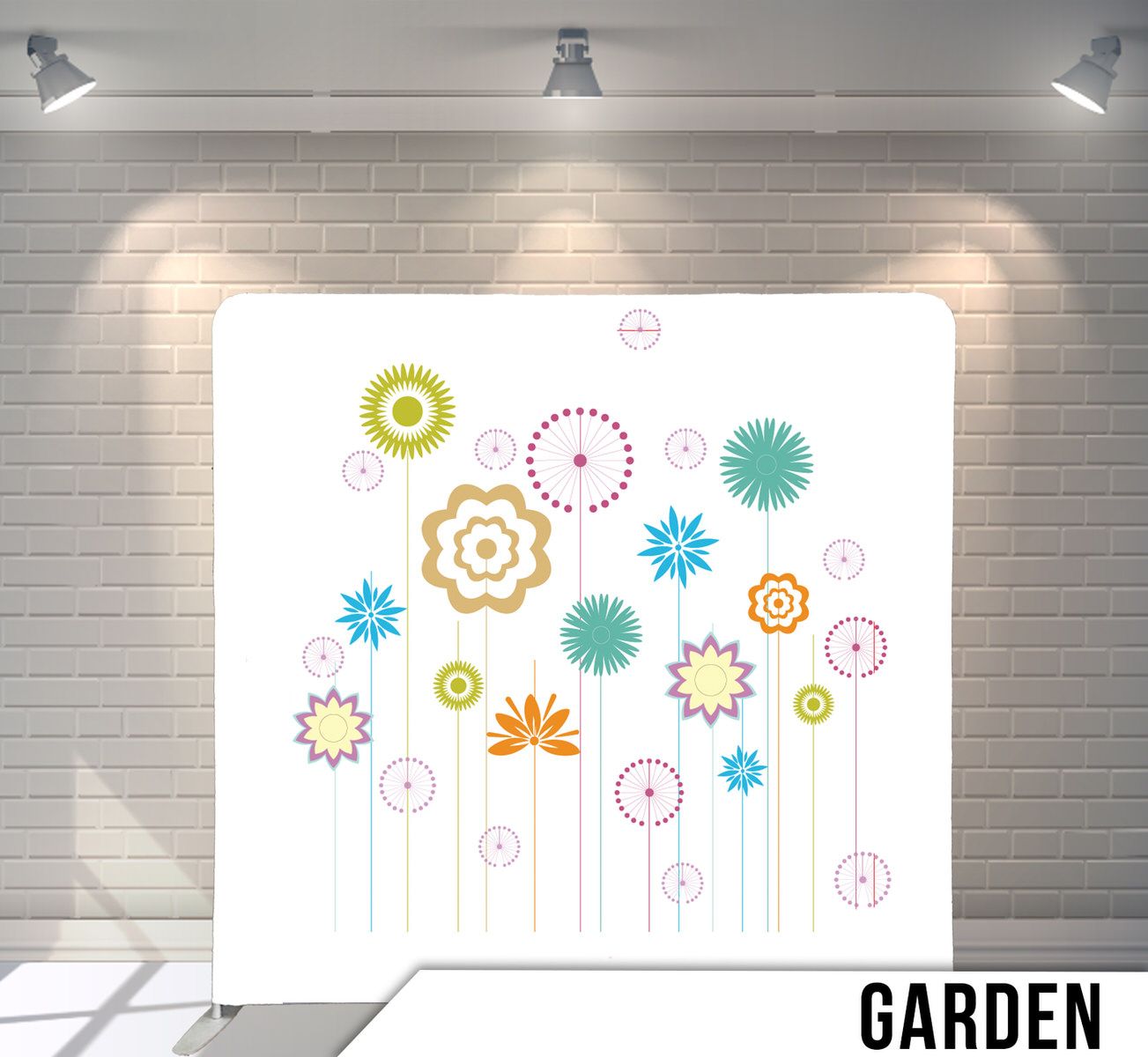 Whimsical abstract flower garden design with colorful circular blooms on white background.