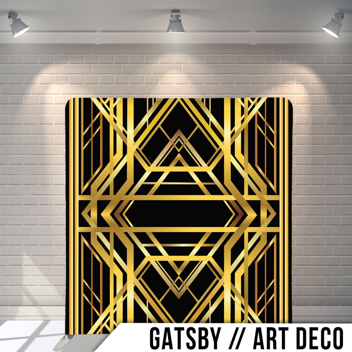 Art deco pattern featuring bold geometric gold lines and triangles on black background.