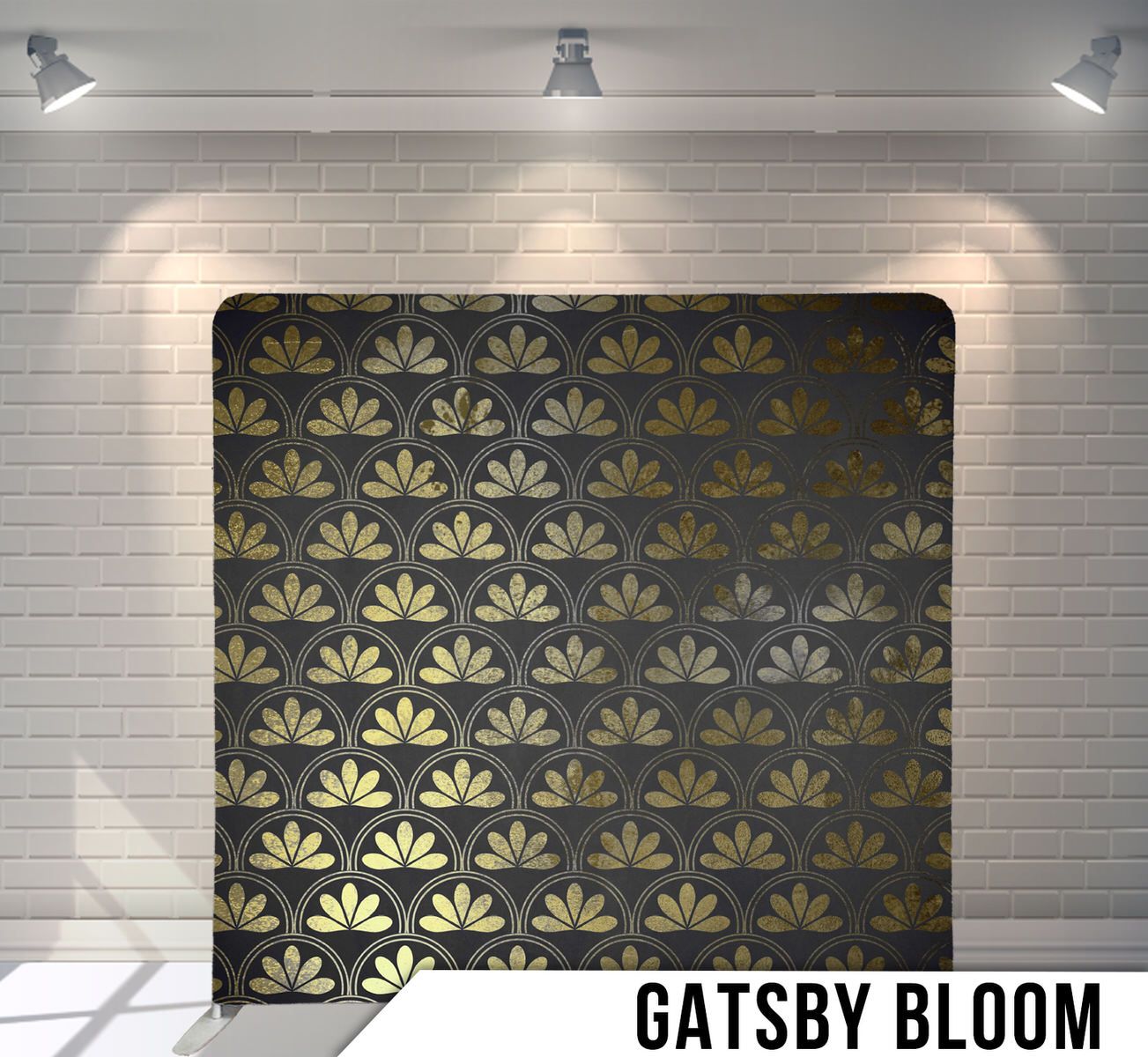 Elegant gold and black repeating fan pattern in classic Gatsby-era art deco style.
