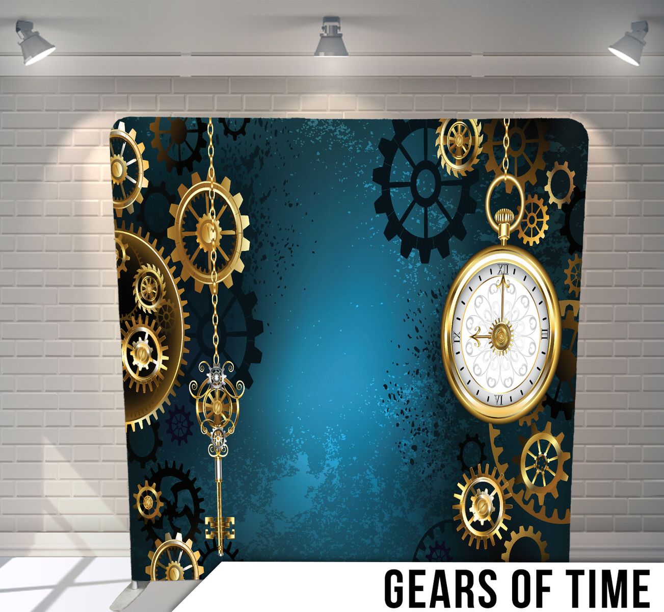 Steampunk themed design with golden gears and pocket watch on turquoise gradient background.
