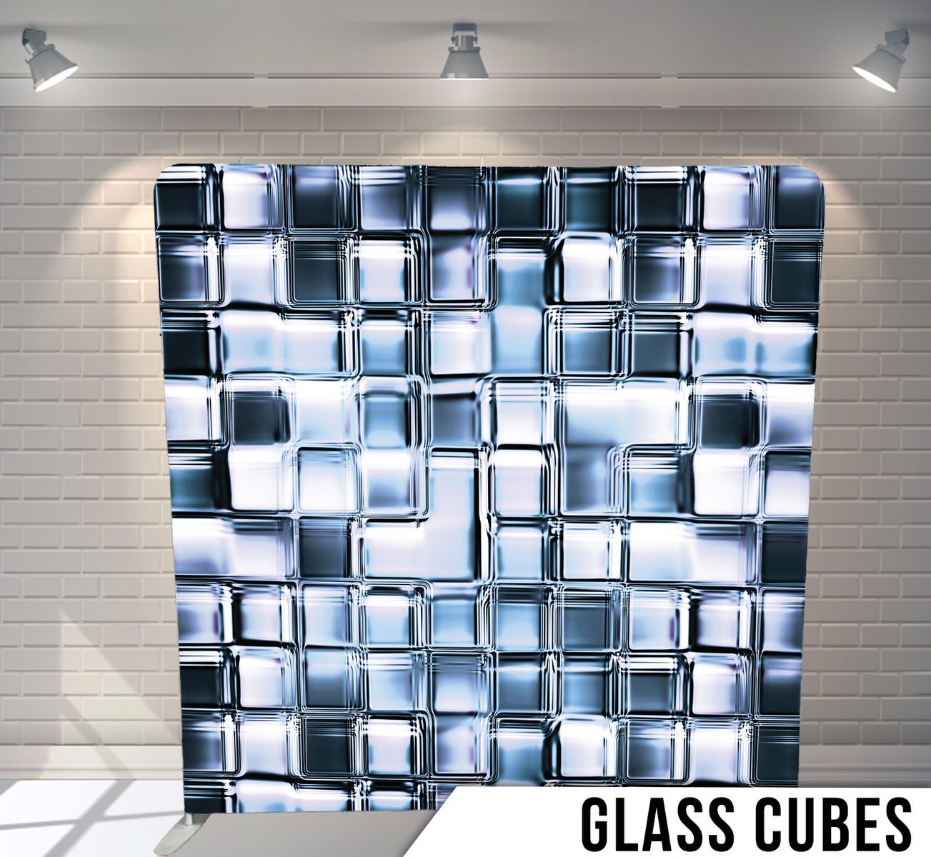 Modern glass cube pattern with metallic reflective surfaces in blue and white tones.