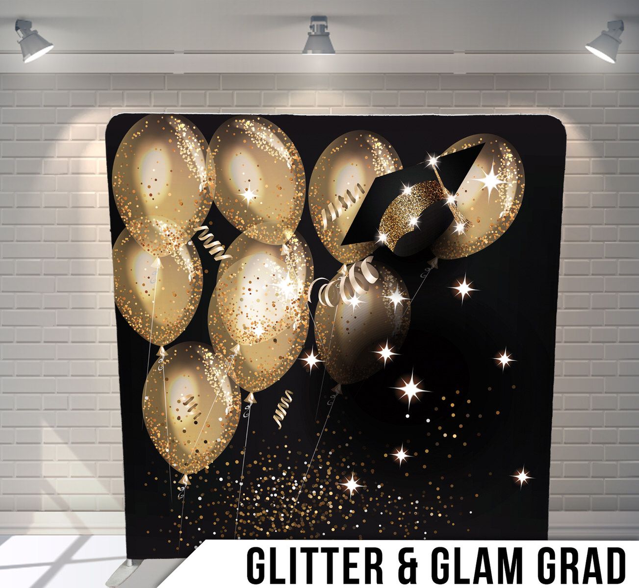 Elegant gold balloons with glitter and sparkles against black background.