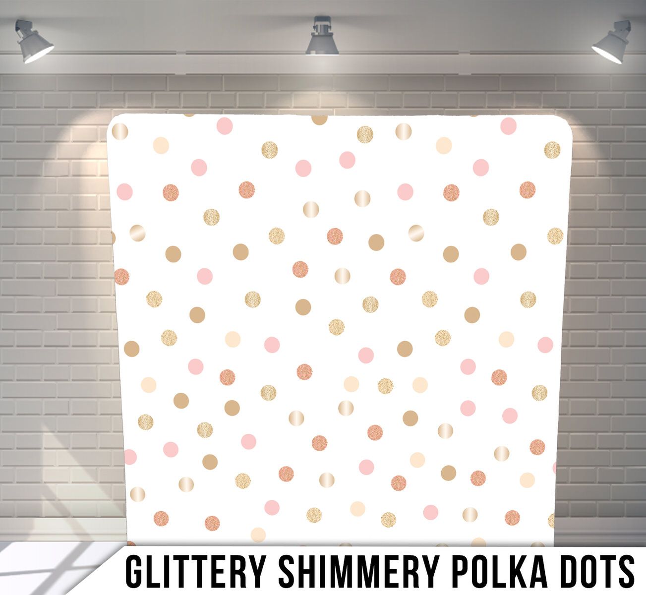 White backdrop with sparkly pink and gold polka dots in a scattered pattern.