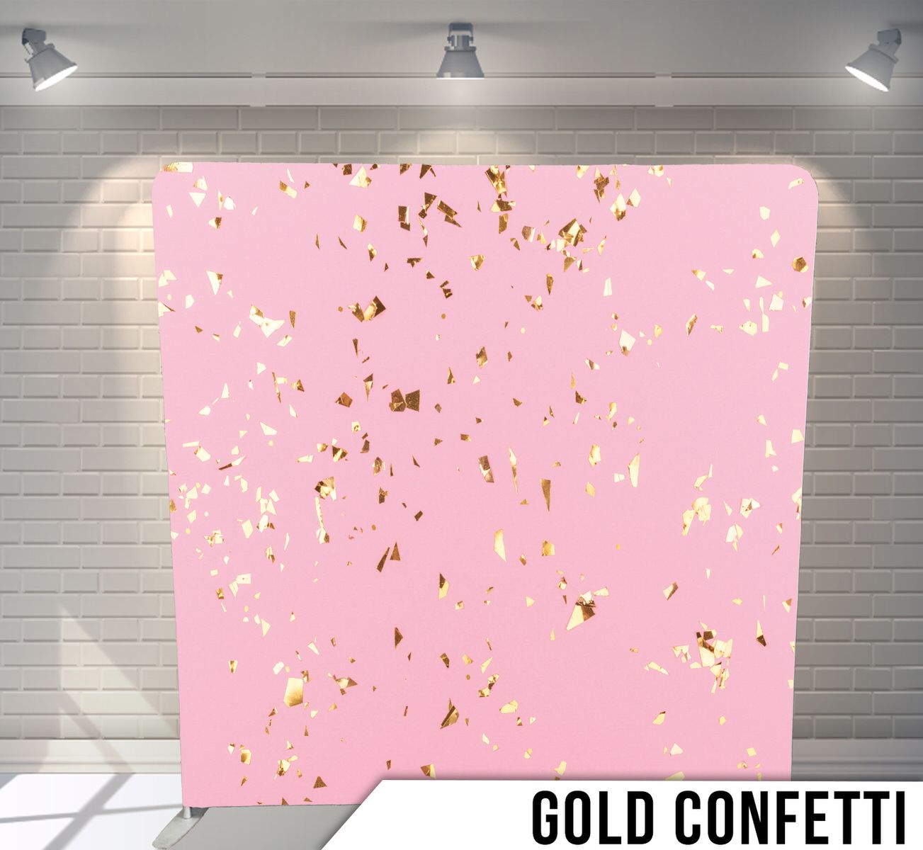 Pink background with scattered metallic gold confetti pattern.