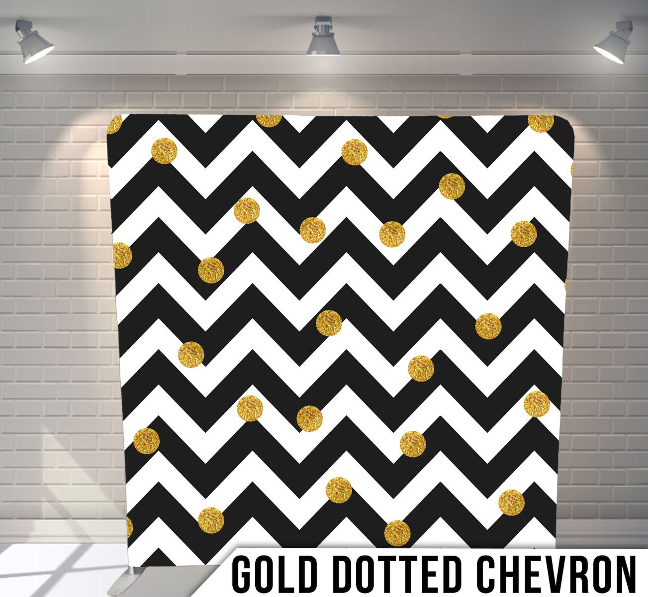 Black and white chevron pattern with gold polka dot accents.