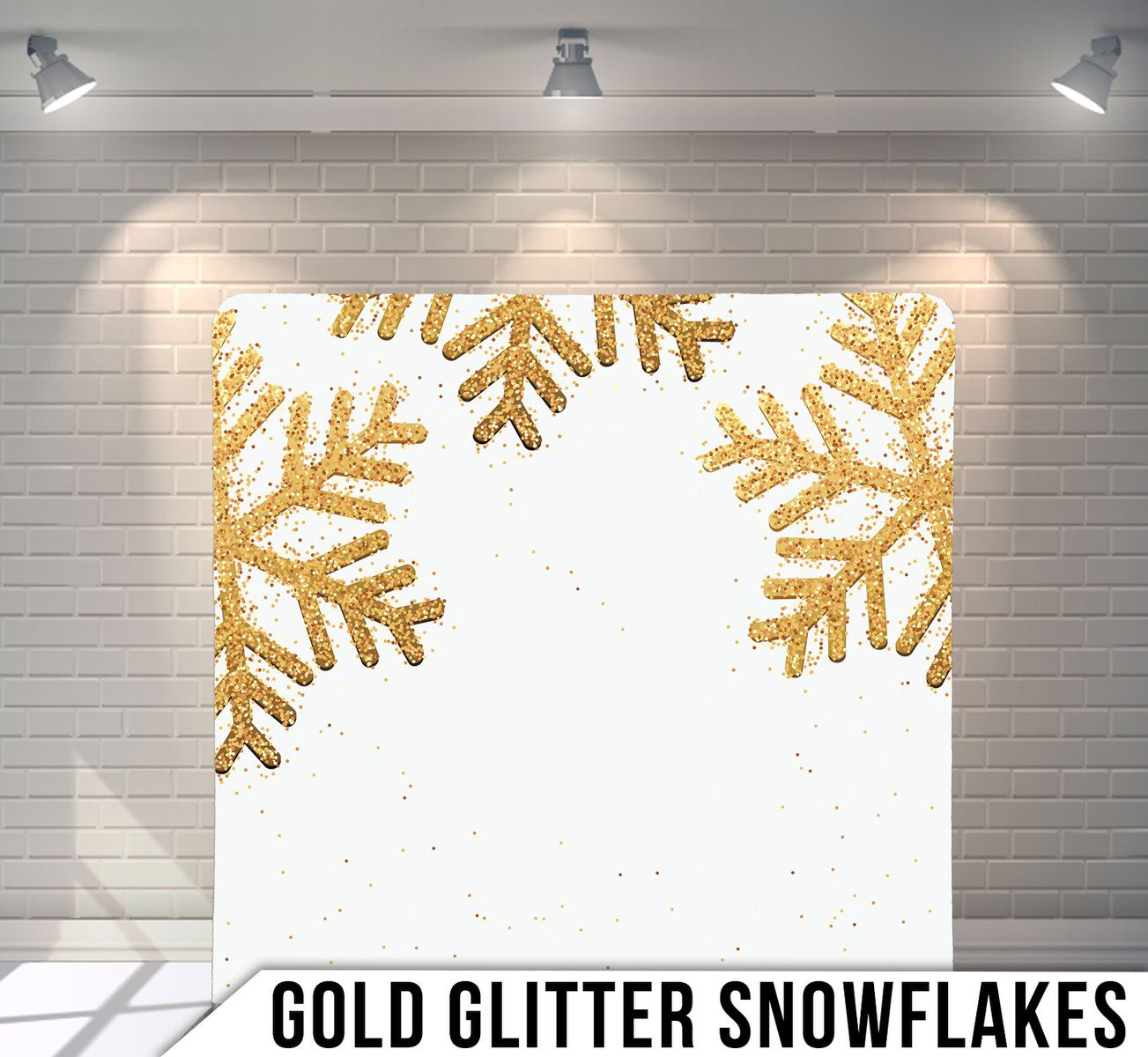 White backdrop with decorative gold glitter snowflakes in corners for winter theme.