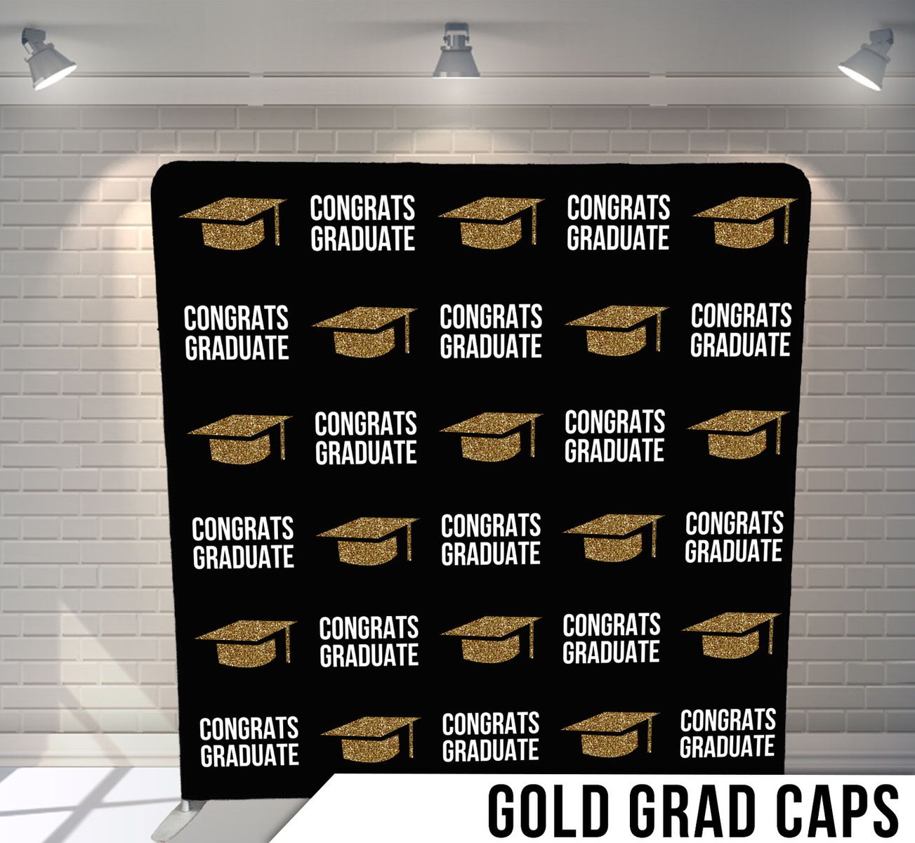 Black backdrop with repeating gold graduation caps and congratulatory text pattern.