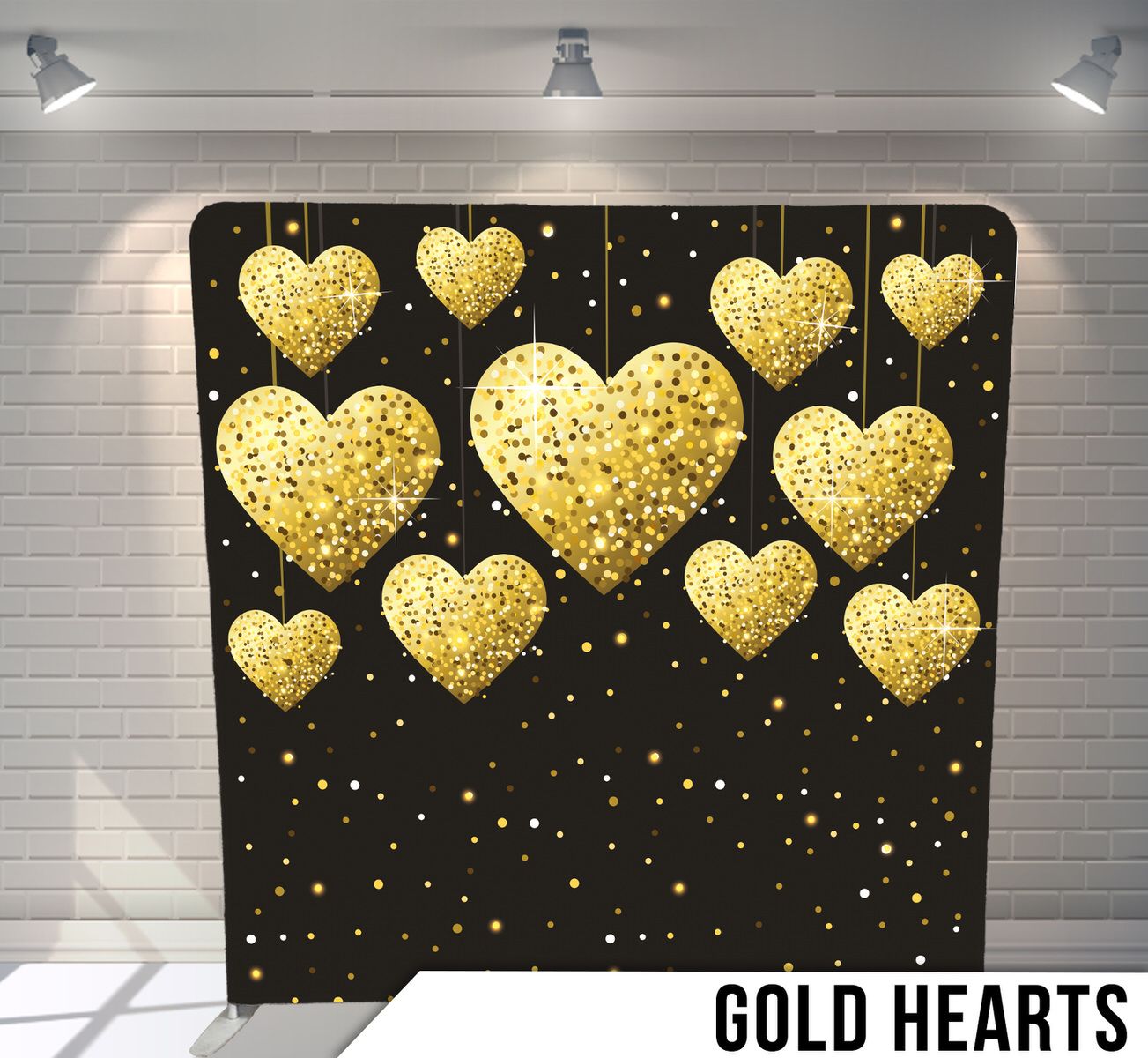 Glittery gold hearts scattered on a black background with sparkles and stars.