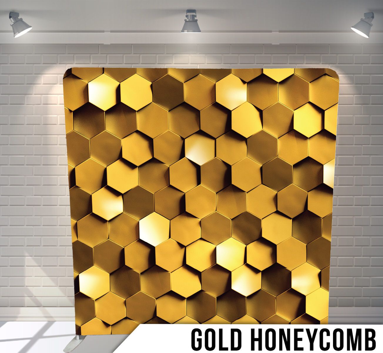 Abstract 3D gold hexagonal honeycomb pattern background with lighting effects.