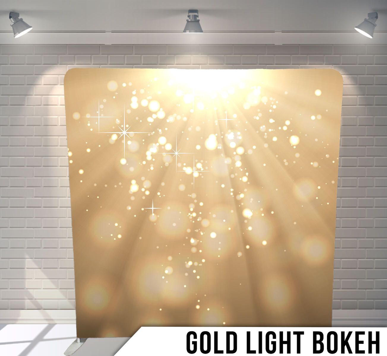 Soft gold bokeh light effect with sparkles and rays on blurred background.