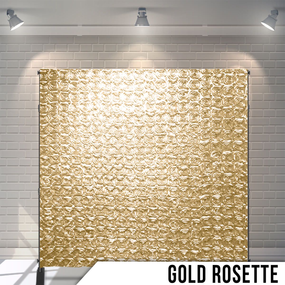 Textured gold rosette pattern backdrop with dimensional effects.