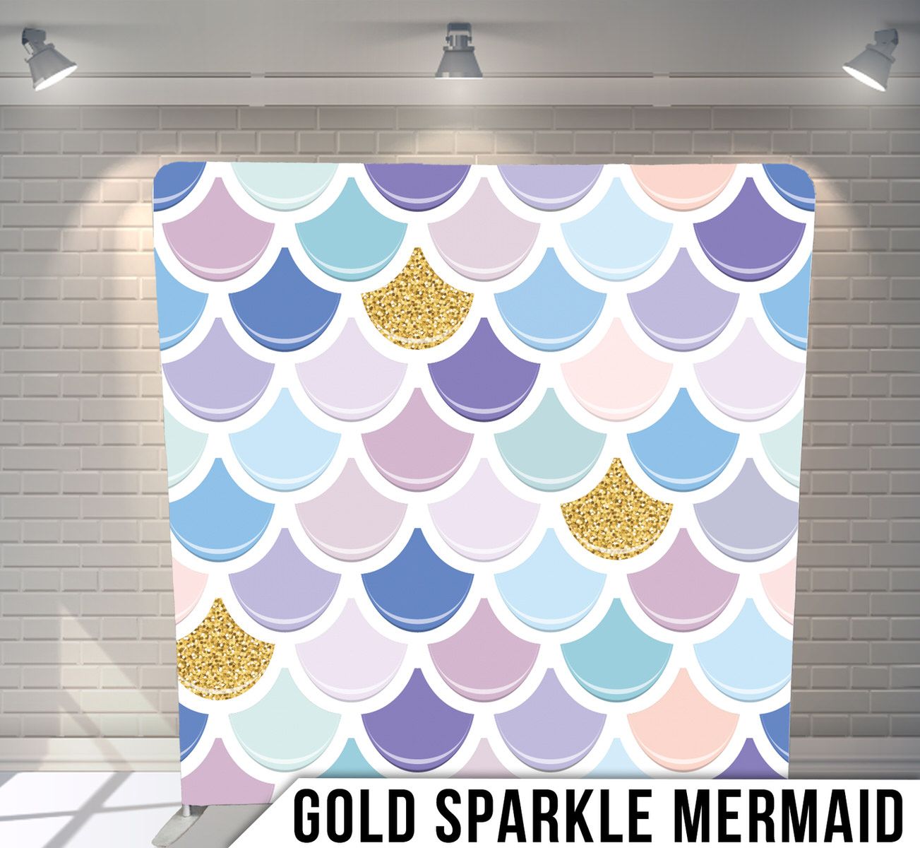 Pastel mermaid scale pattern with scattered gold glitter accents.