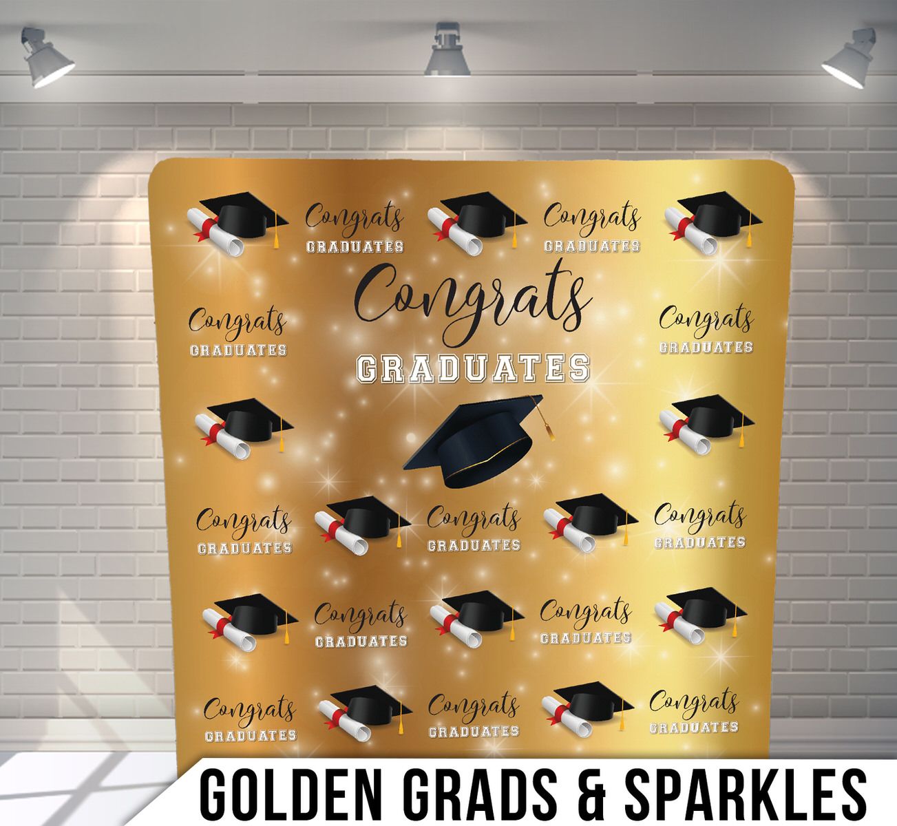 Gold and black graduation backdrop with repeating 'Congrats' text and graduation cap icons.