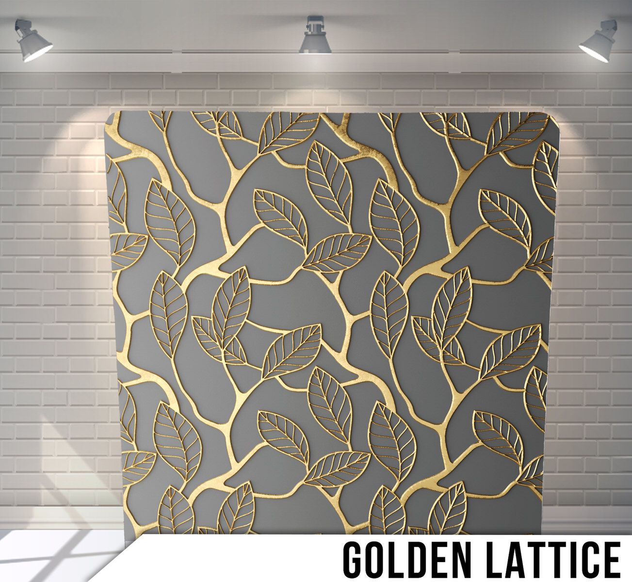 Elegant gold lattice pattern with intertwining branches and leaves on grey background.
