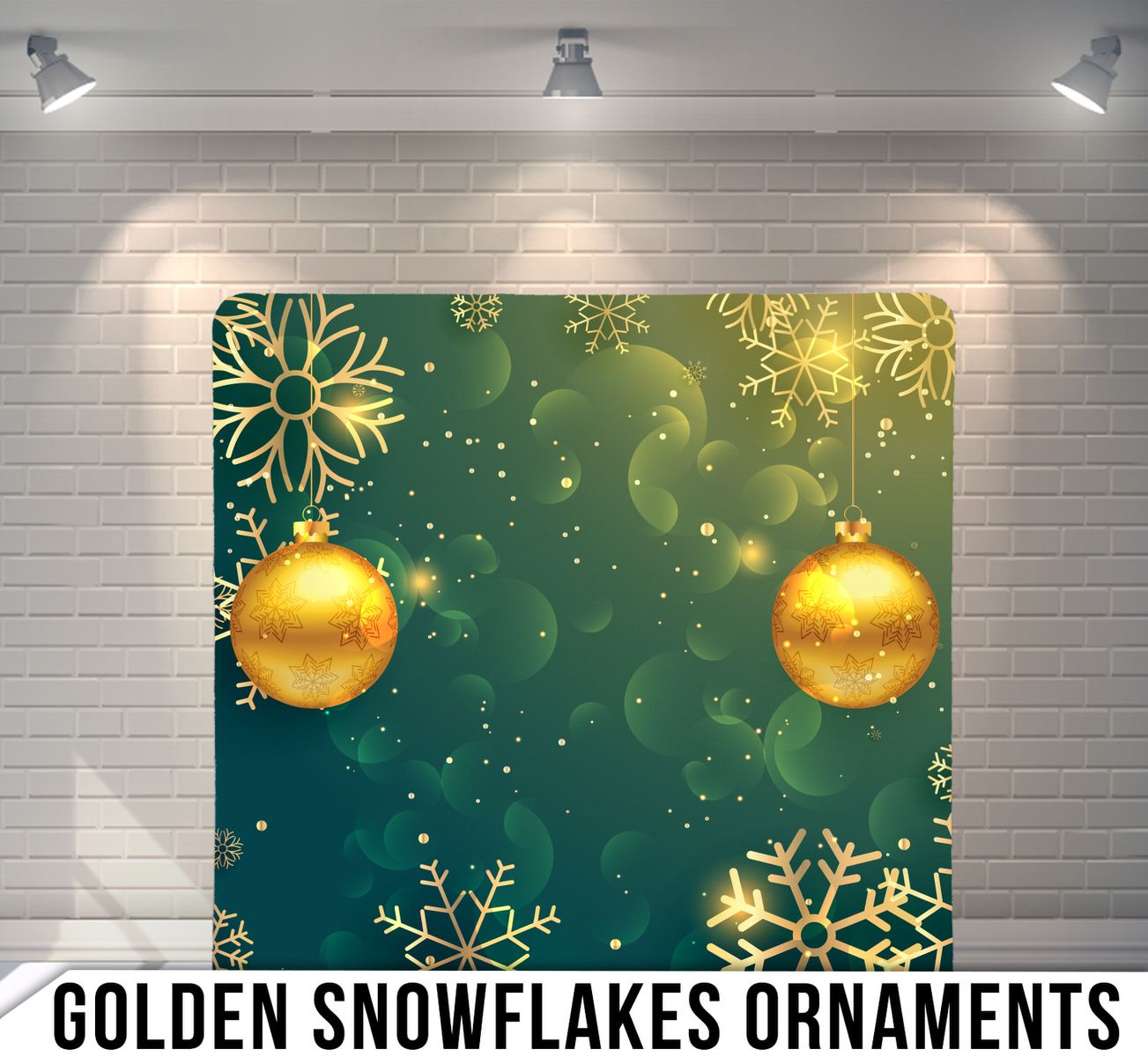 Festive green background with golden Christmas ornaments and snowflake decorations.