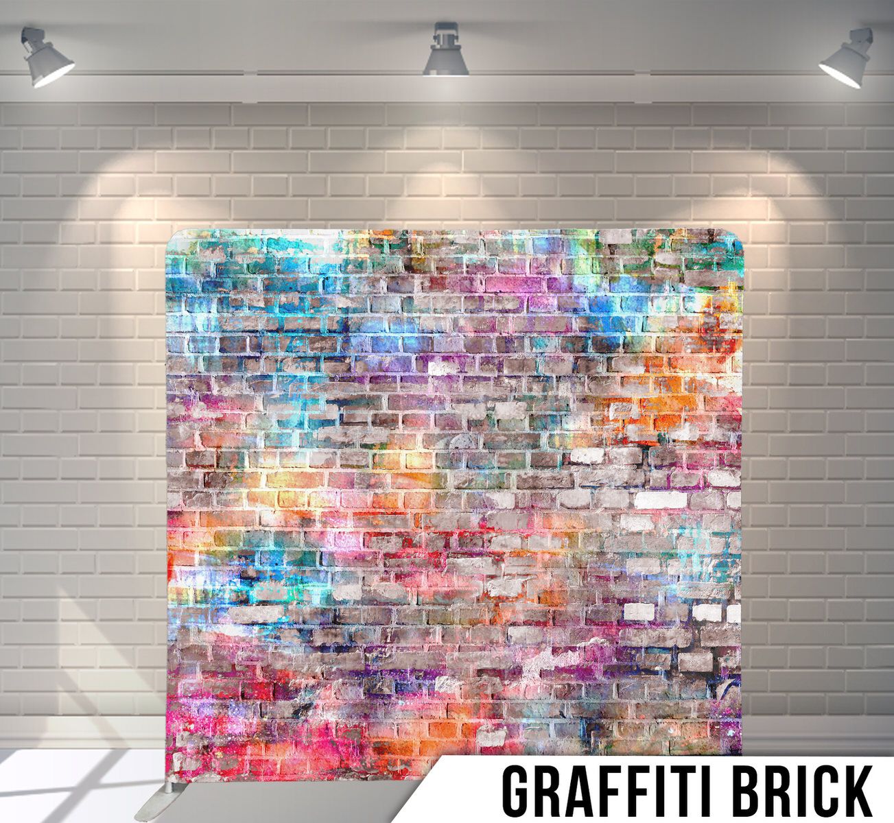 Watercolor-style graffiti backdrop featuring vibrant colors splashed across a brick wall texture.