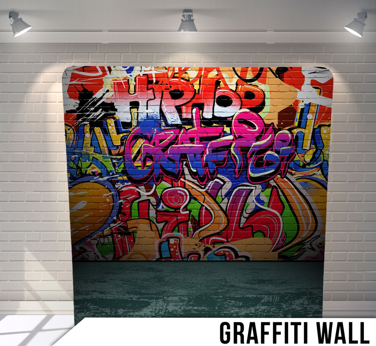 Urban graffiti art backdrop with bold colorful street art designs against a concrete wall.