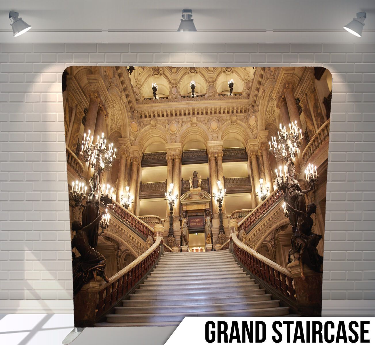 Elegant grand staircase backdrop featuring ornate architecture with crystal chandeliers and golden details.