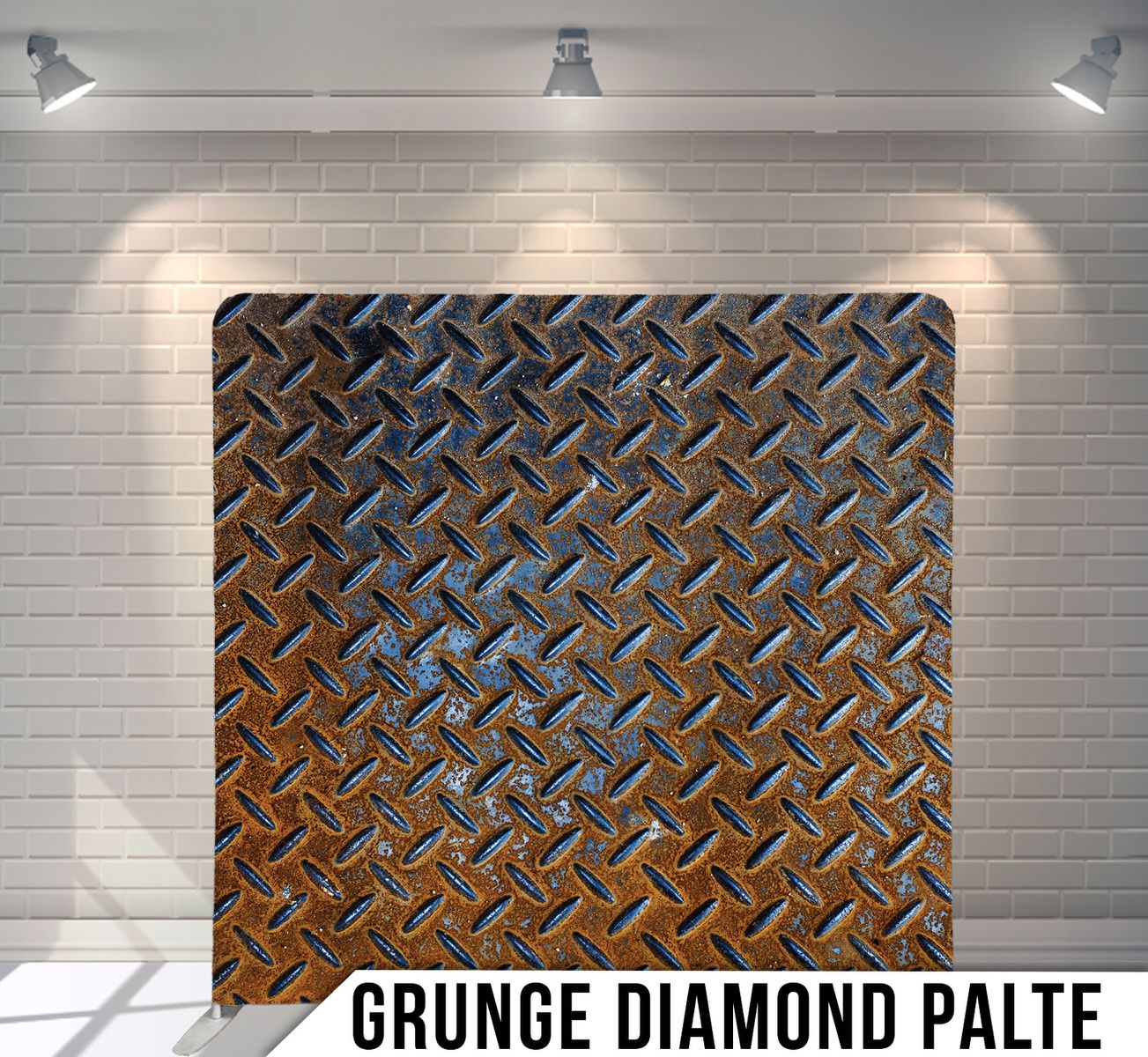 Rusty diamond plate metal backdrop with industrial pattern.