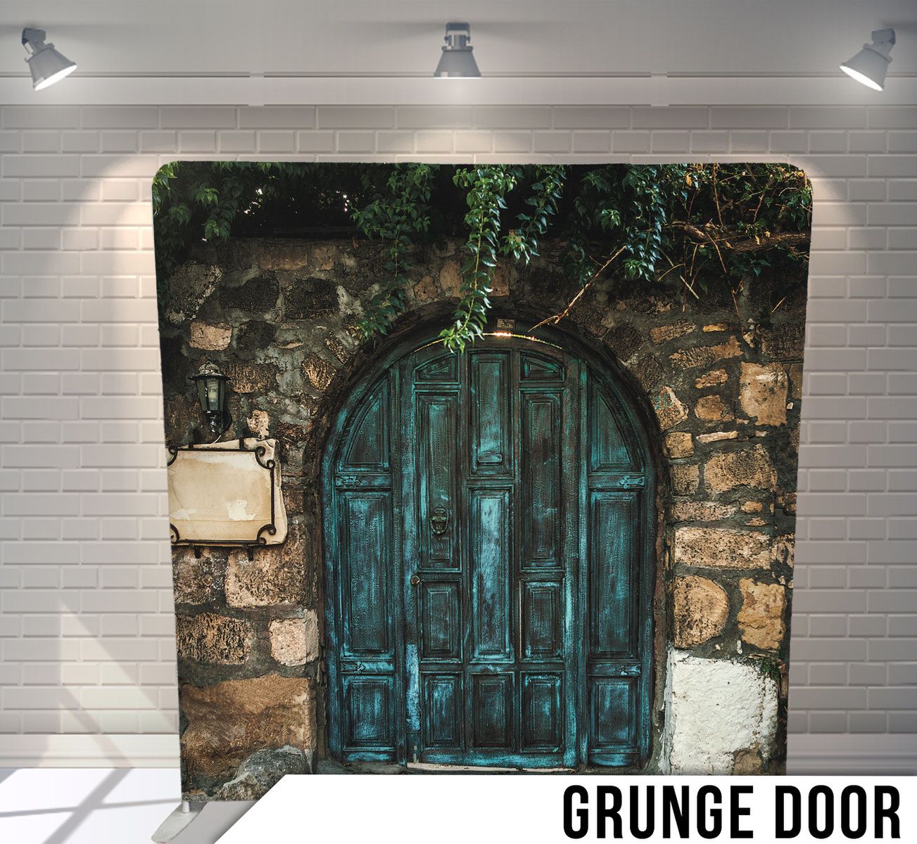 Weathered blue wooden door set in ancient stone archway.