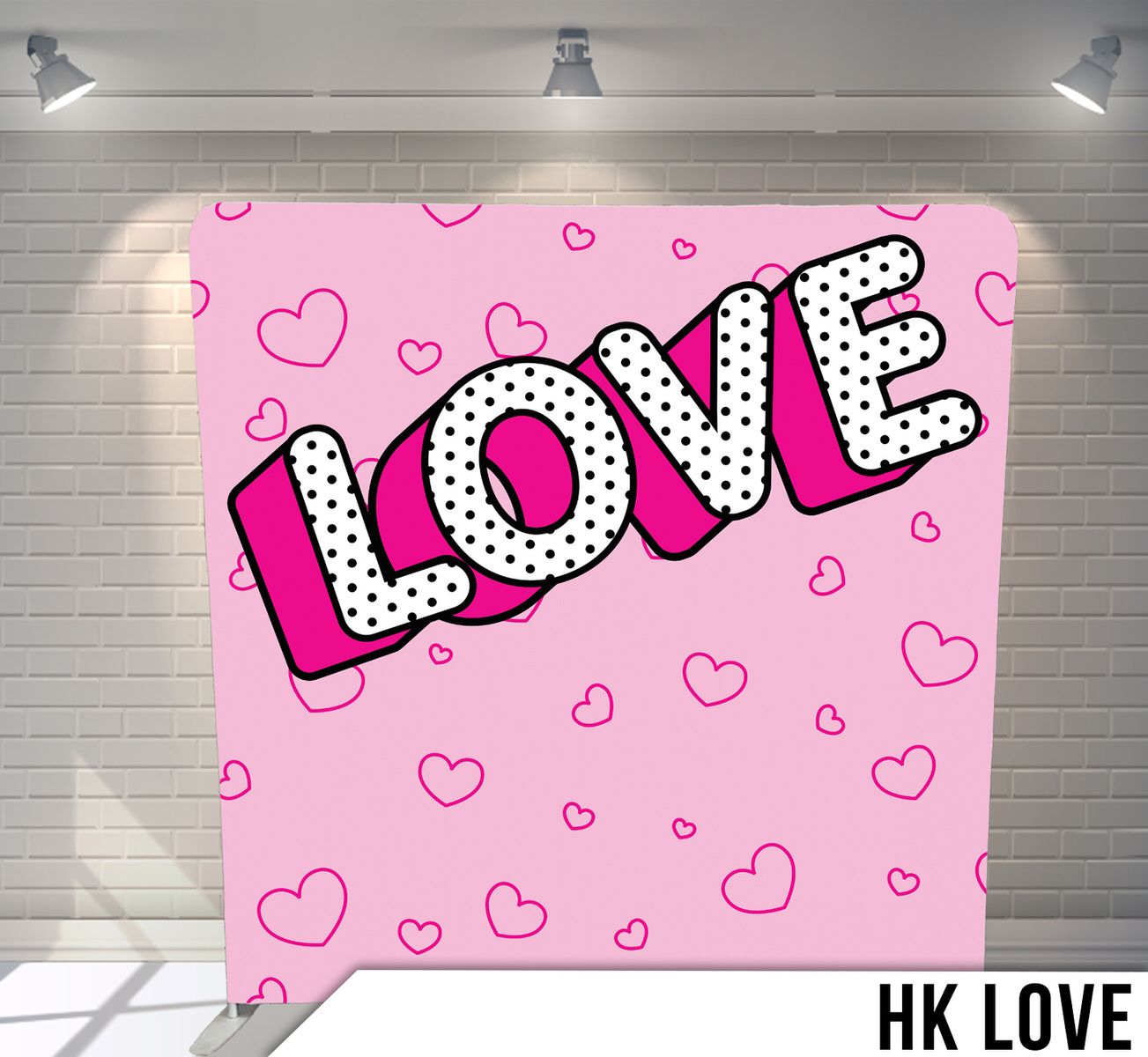 Pink background with polka dotted LOVE text and scattered heart designs in romantic pop art style.