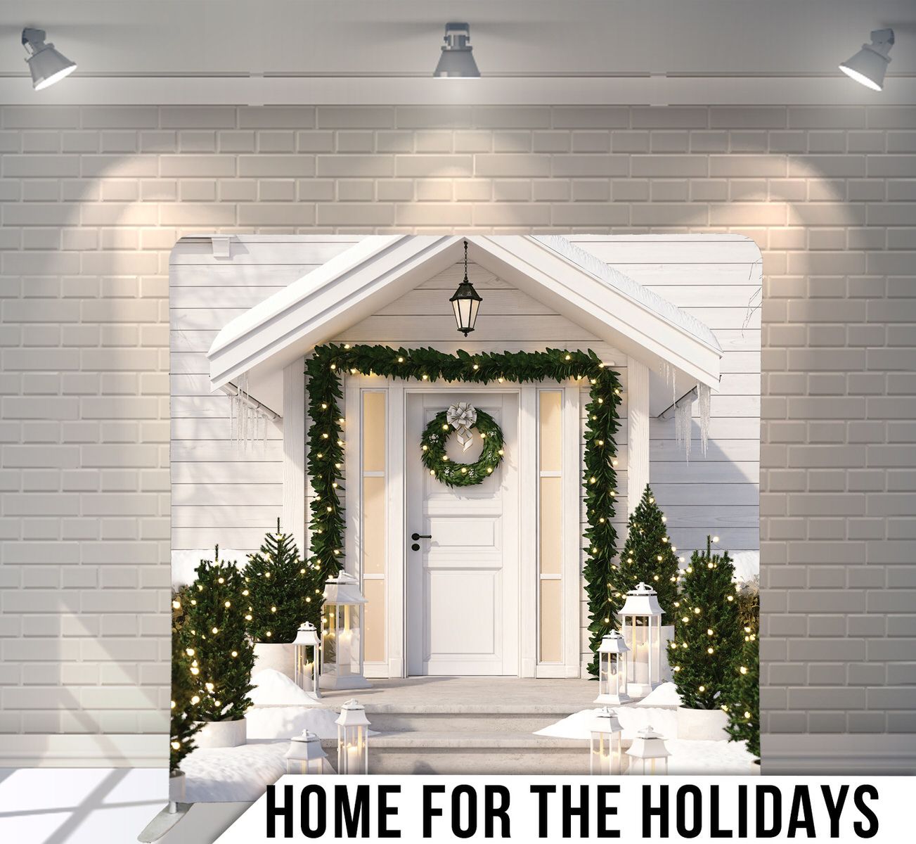 White front door decorated with Christmas wreath, garland and lanterns for holiday season.