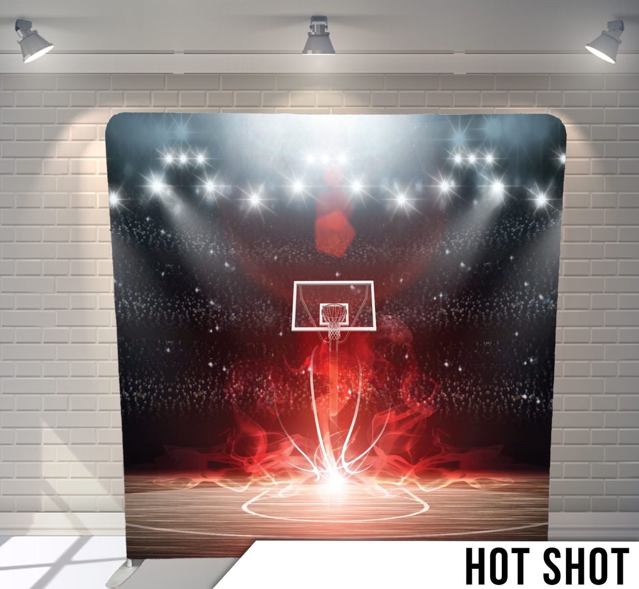 Basketball court backdrop with dramatic spotlights and glowing red effects.