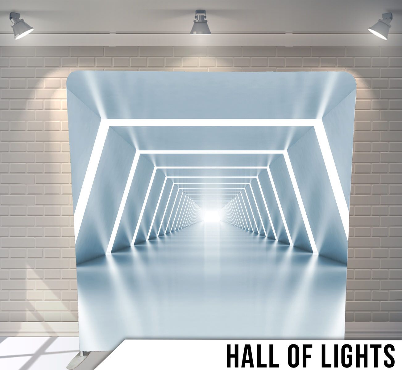 Futuristic white corridor with glowing geometric archways creating an infinity tunnel effect.