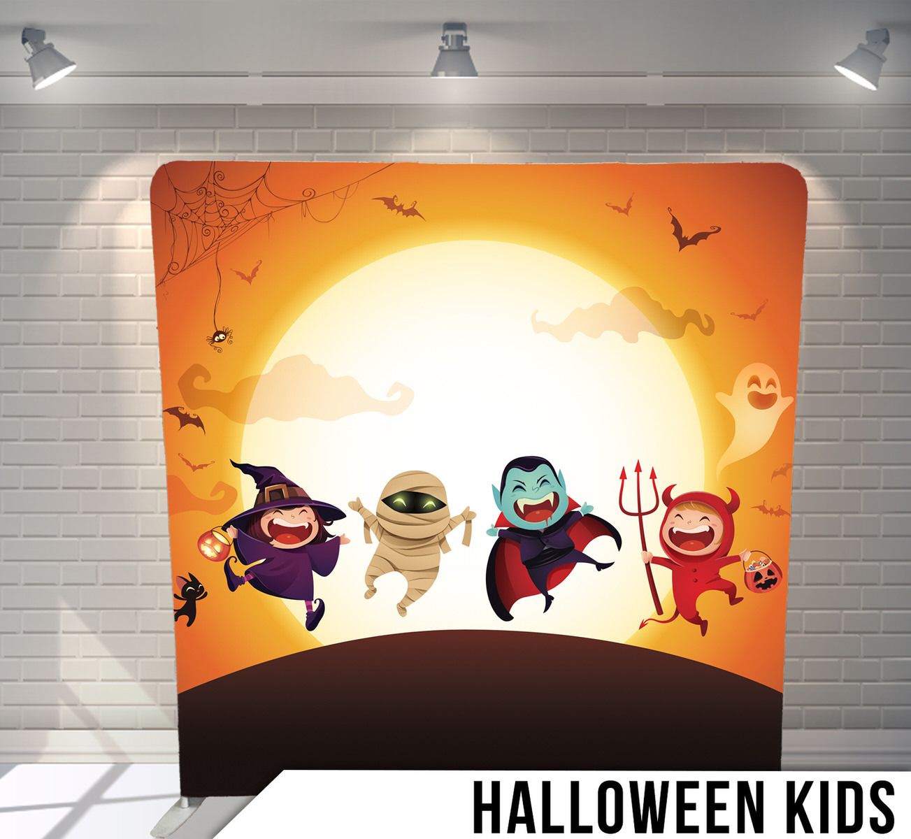 Cartoon Halloween characters trick-or-treating against large full moon background.