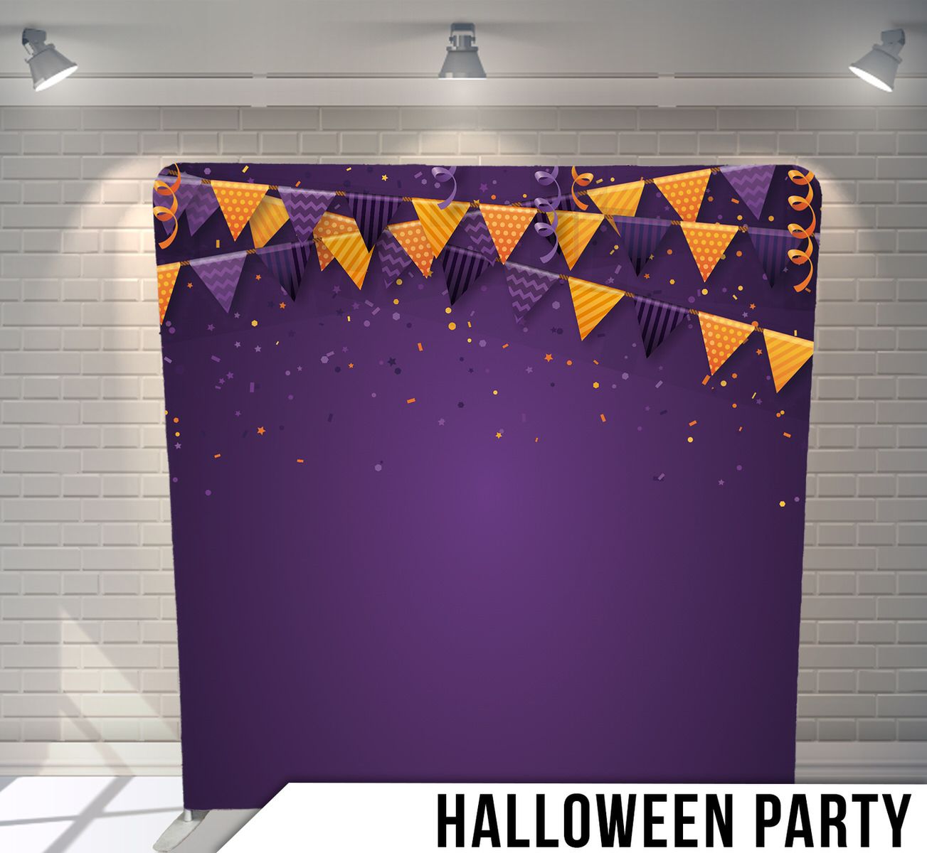 Purple Halloween party background with orange triangle bunting flags and sparkles.