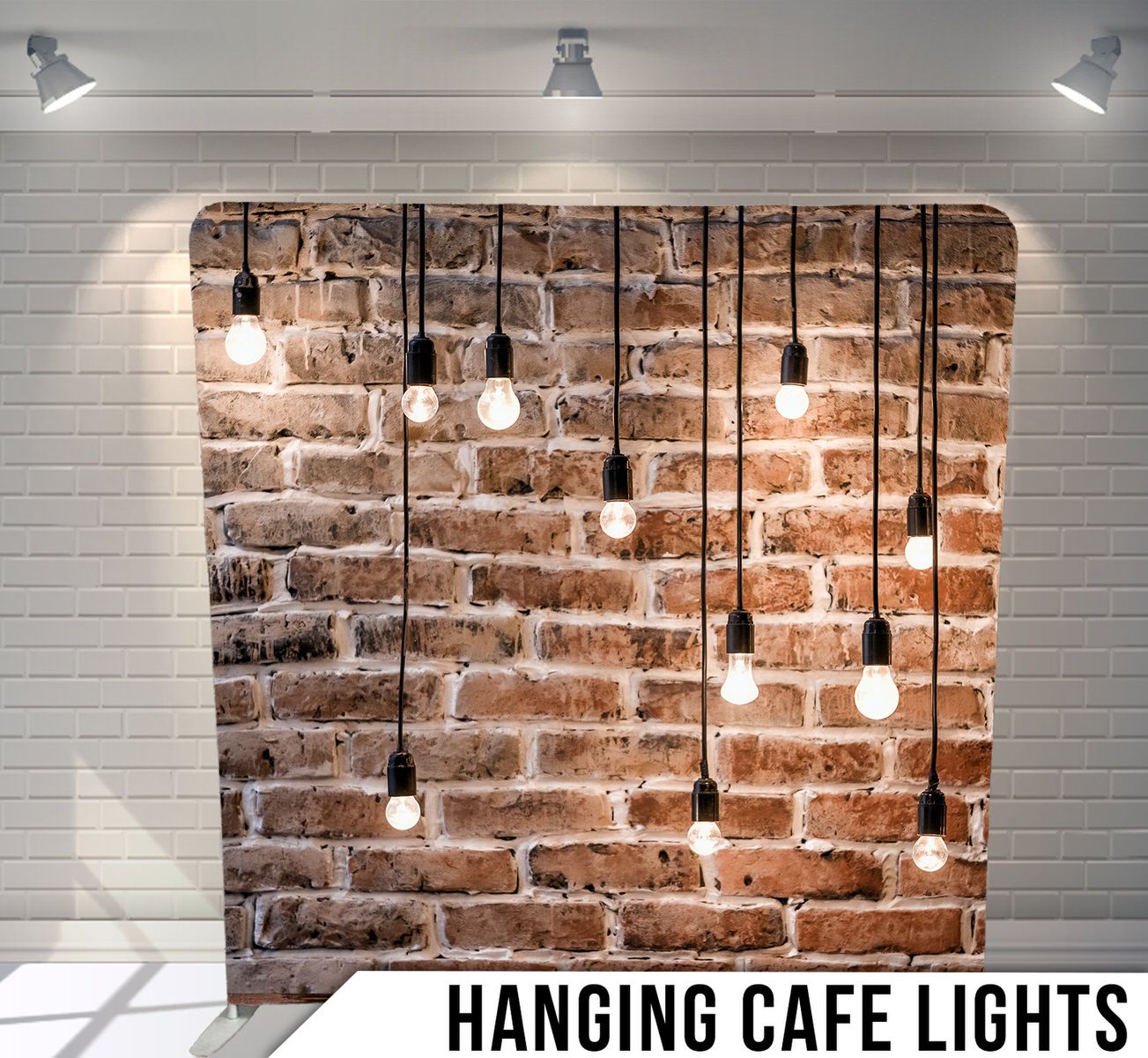 Rustic exposed brick wall with hanging vintage Edison bulb pendant lights.