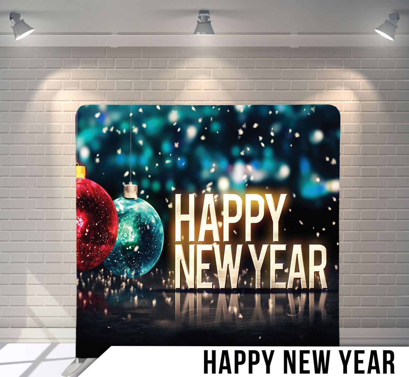 Glowing Happy New Year text with festive ornaments against blurred teal background.