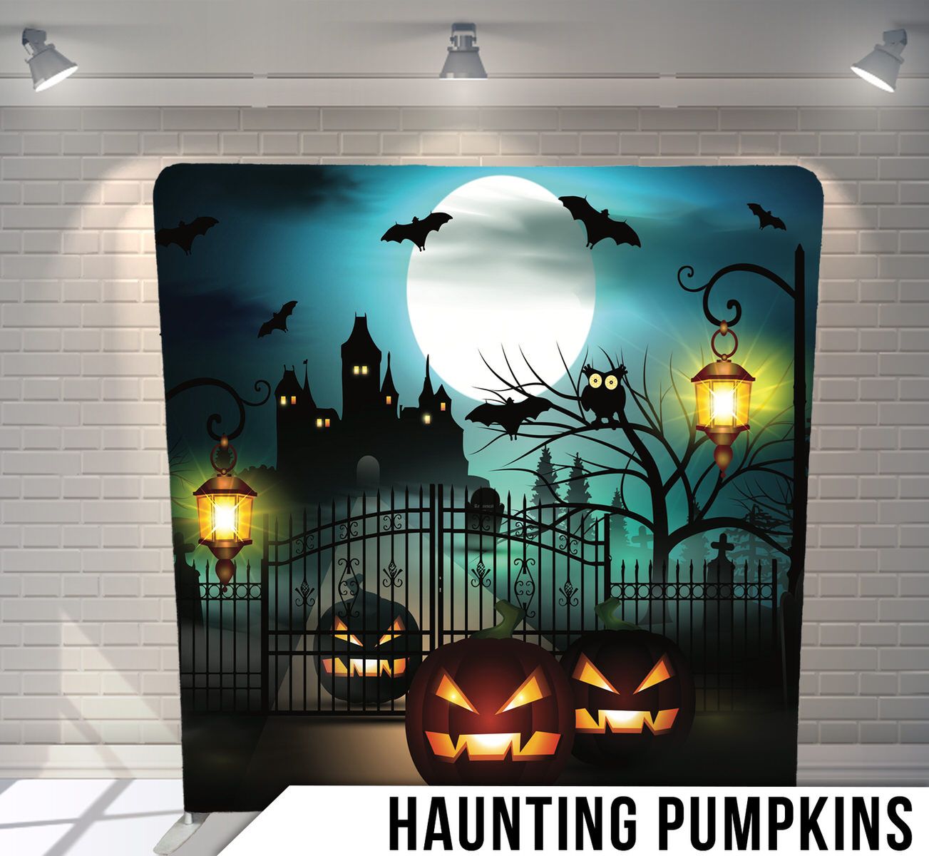 Illuminated jack-o'-lanterns guard an iron gate with a spooky mansion and full moon in the background.