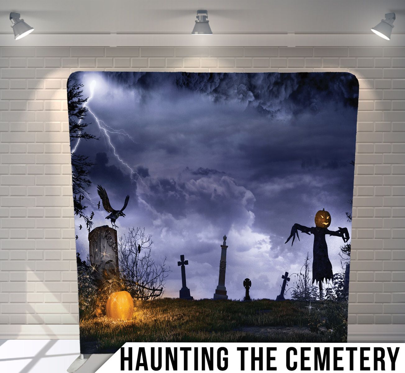 Eerie cemetery scene with glowing pumpkins, lightning, and spooky silhouettes against a stormy sky.