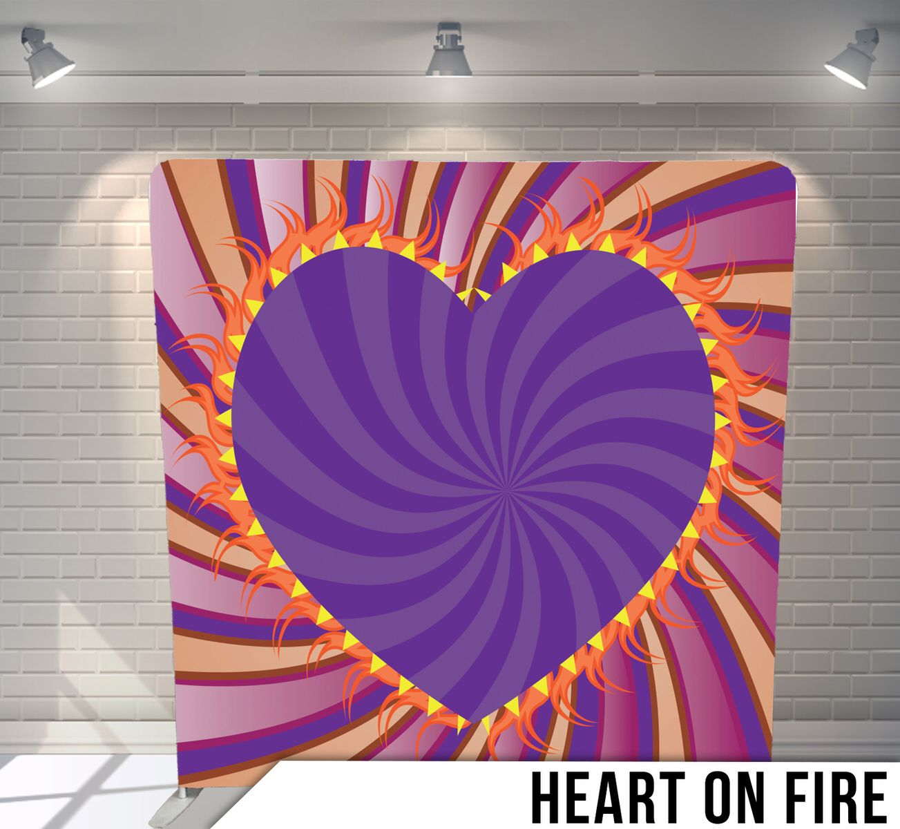 Abstract swirling purple background with a fiery heart design in orange and yellow rays.