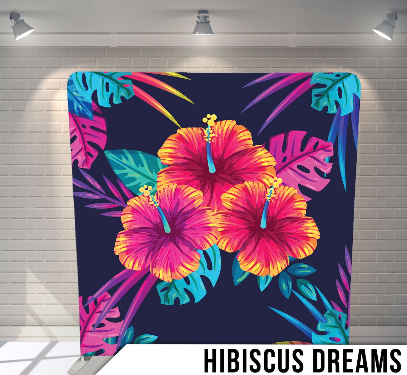 Vibrant hibiscus flowers with tropical leaves on dark blue background in modern artistic style.