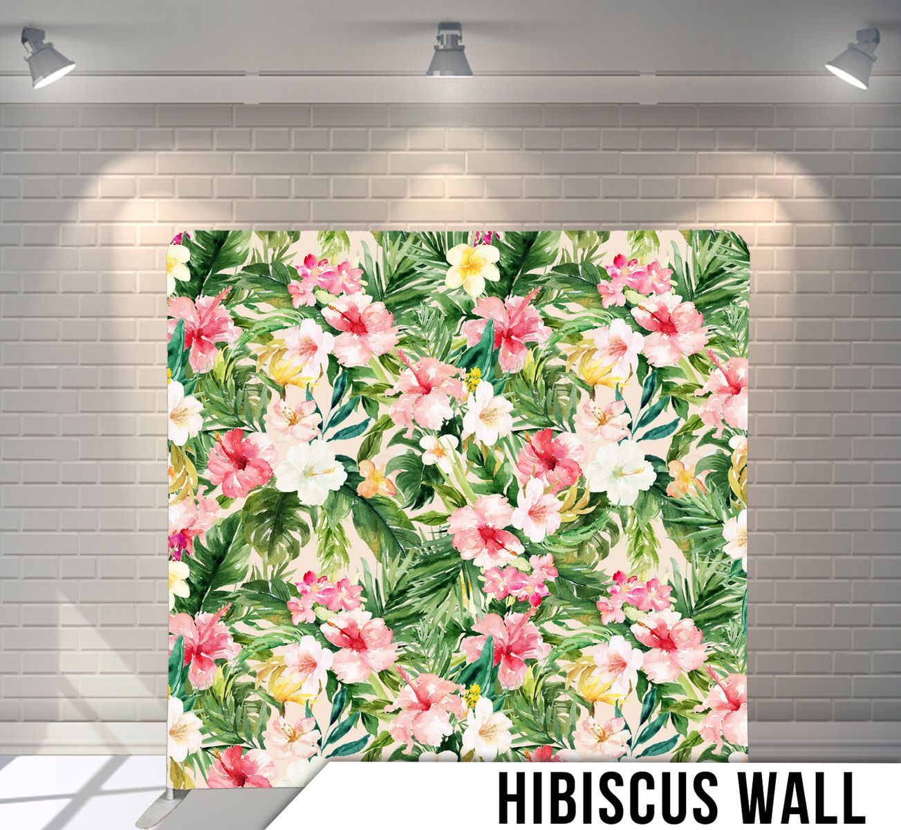Tropical floral pattern with pink hibiscus flowers and green palm leaves on white background.