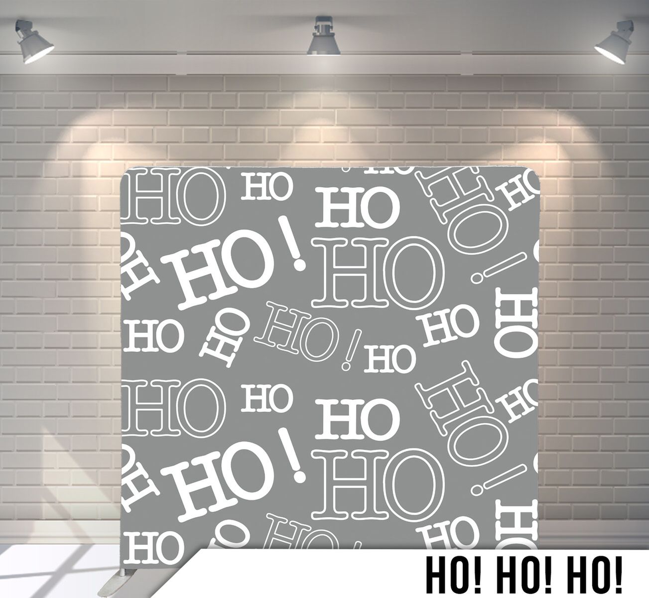 Repeating HO HO HO text pattern in white on grey background for Christmas theme.