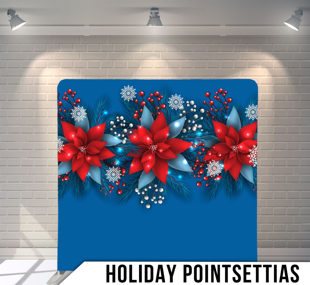 Vibrant red poinsettias and white snowflakes arranged on blue background in festive border design.