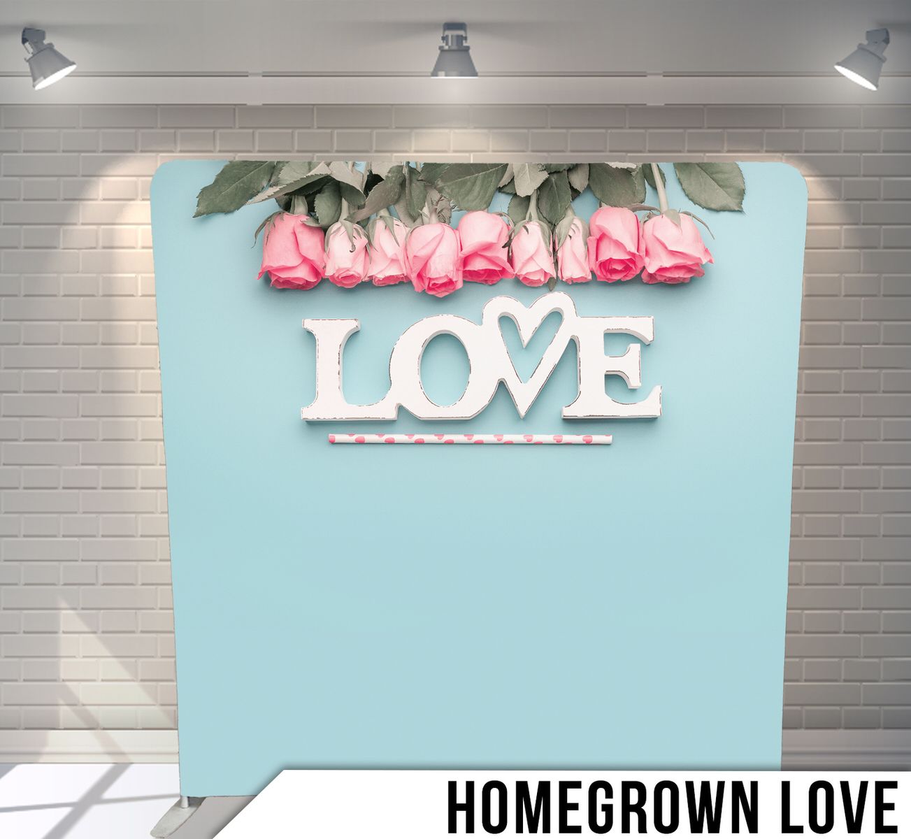 Pink roses and white 'LOVE' text against light blue backdrop for romantic photography.