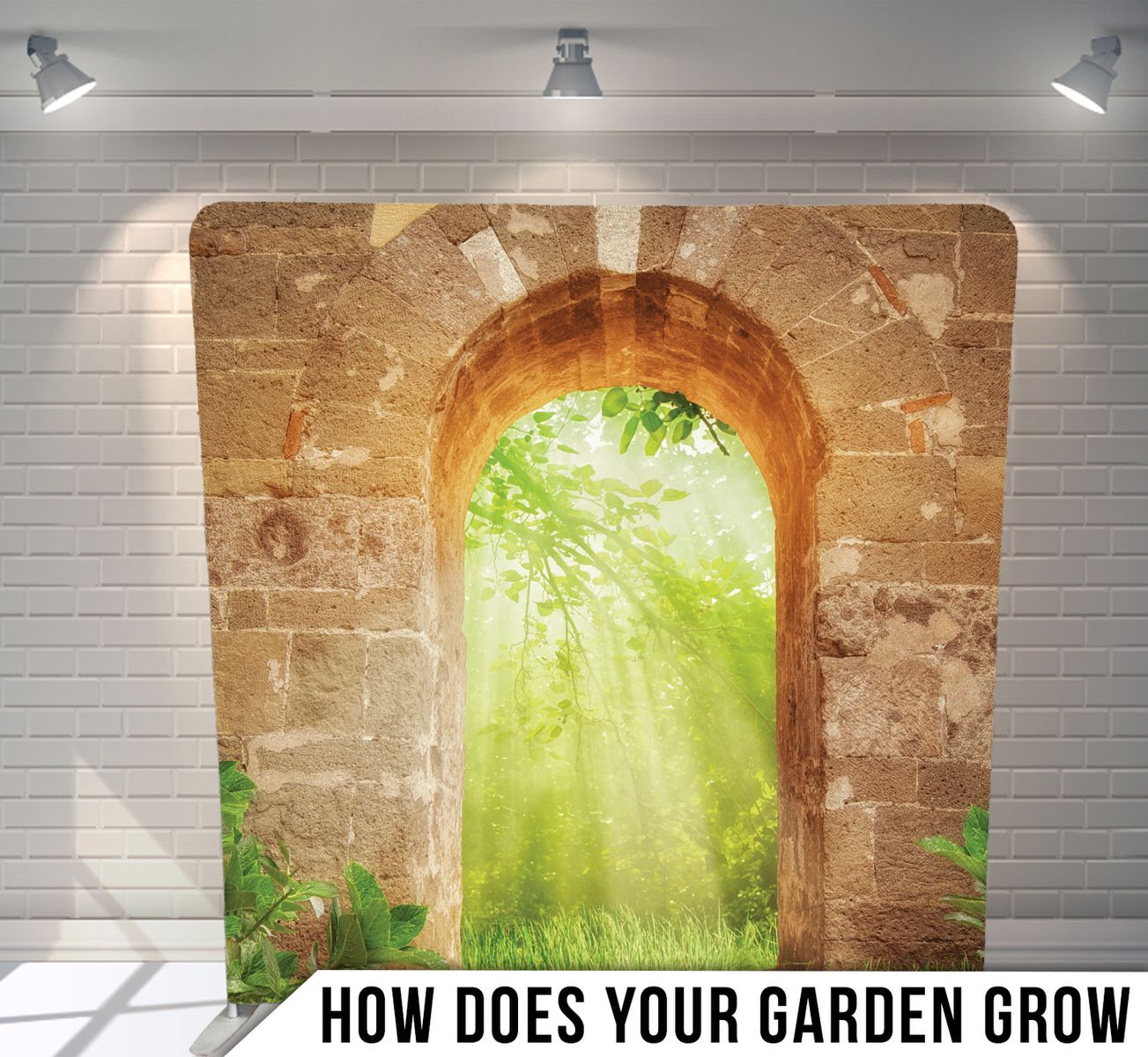Stone archway leading to a mystical sunlit garden with rays of light shining through green foliage.