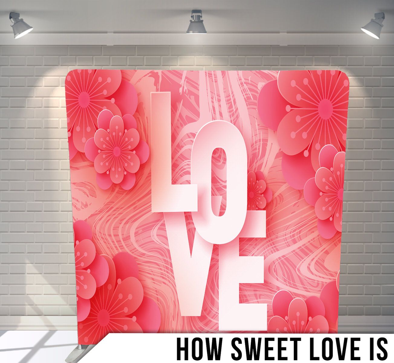 Pink floral background with white LOVE text overlaid on a swirling romantic design.
